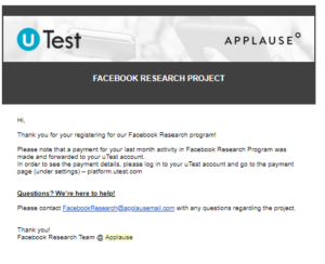 Facebook Research App Payment Confirmation Mail